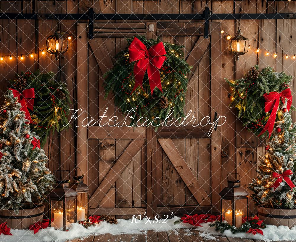 Kate Christmas Brown Wooden Barn Door Backdrop Designed by Emetselch - Kate Backdrop AU