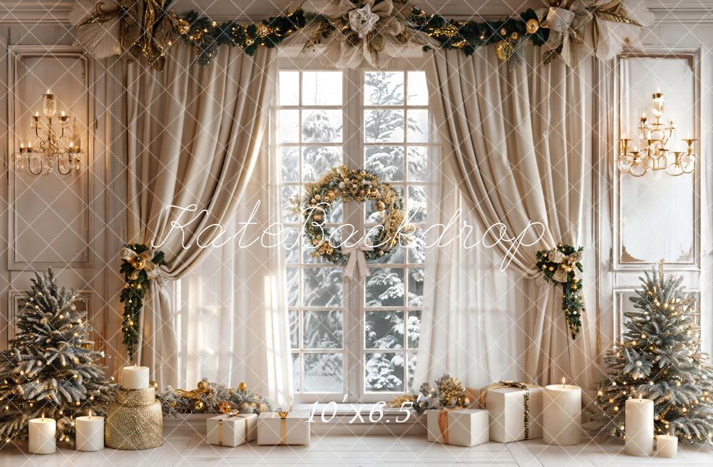 Kate Christmas Beige Curtain White Framed Window Backdrop Designed by Emetselch - Kate Backdrop AU