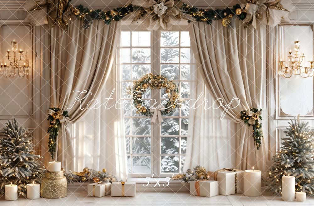 Kate Christmas Beige Curtain White Framed Window Backdrop Designed by Emetselch - Kate Backdrop AU