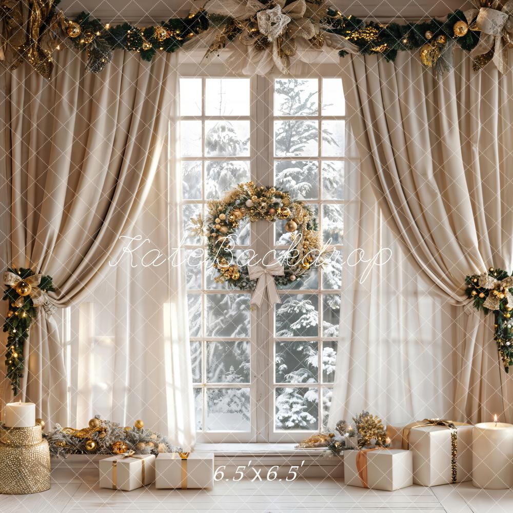 Kate Christmas Beige Curtain White Framed Window Backdrop Designed by Emetselch - Kate Backdrop AU