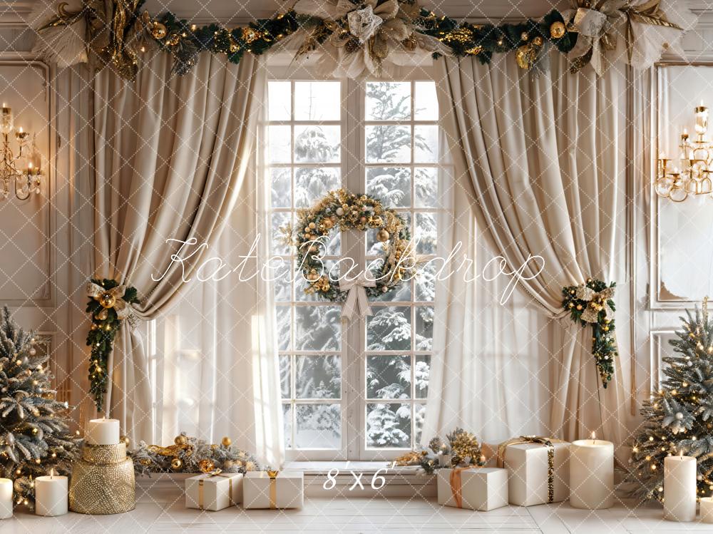 Kate Christmas Beige Curtain White Framed Window Backdrop Designed by Emetselch - Kate Backdrop AU