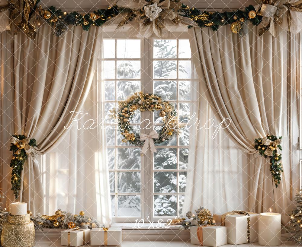 Kate Christmas Beige Curtain White Framed Window Backdrop Designed by Emetselch - Kate Backdrop AU