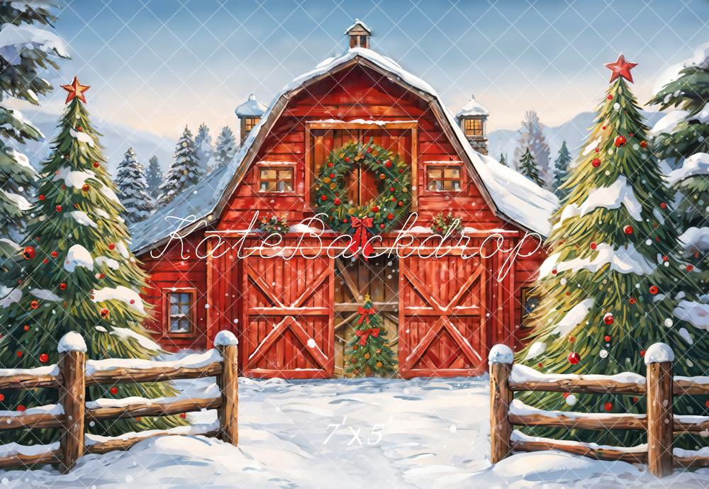 Kate Christmas Red House Backdrop Winter Outdoor Forest Designed by GQ - Kate Backdrop AU