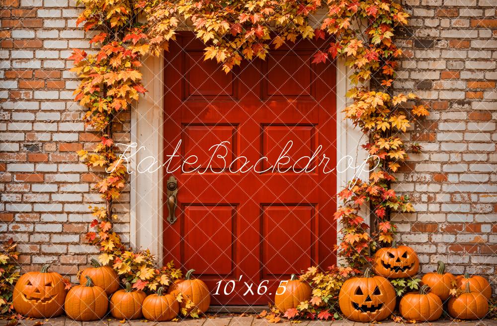 Kate Autumn Halloween Backdrop Maple Leaves Red Door Brick Wall Designed by Emetselch - Kate Backdrop AU