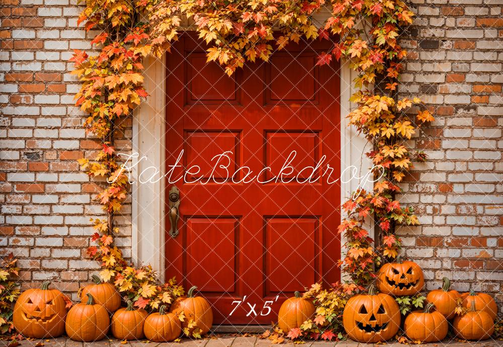 Kate Autumn Halloween Backdrop Maple Leaves Red Door Brick Wall Designed by Emetselch - Kate Backdrop AU