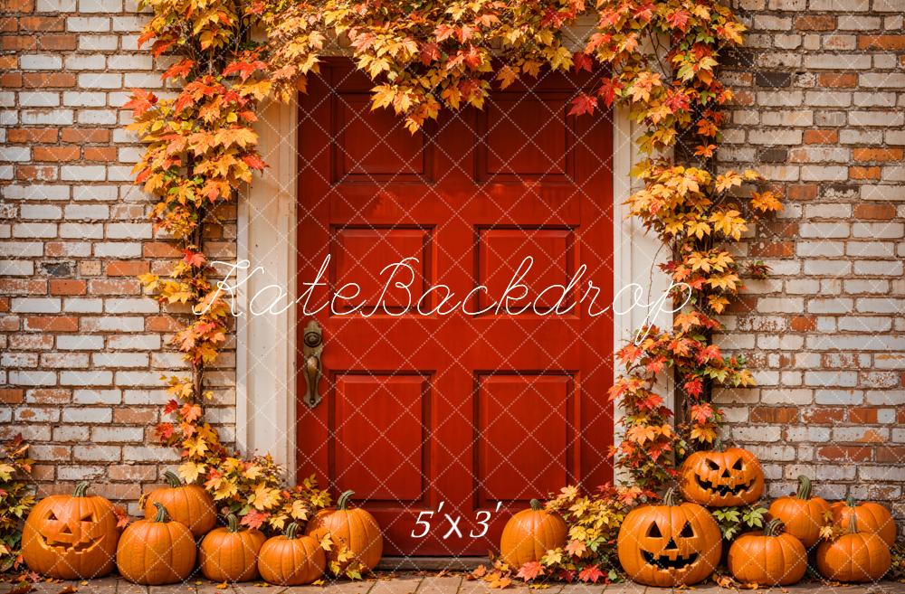 Kate Autumn Halloween Backdrop Maple Leaves Red Door Brick Wall Designed by Emetselch - Kate Backdrop AU