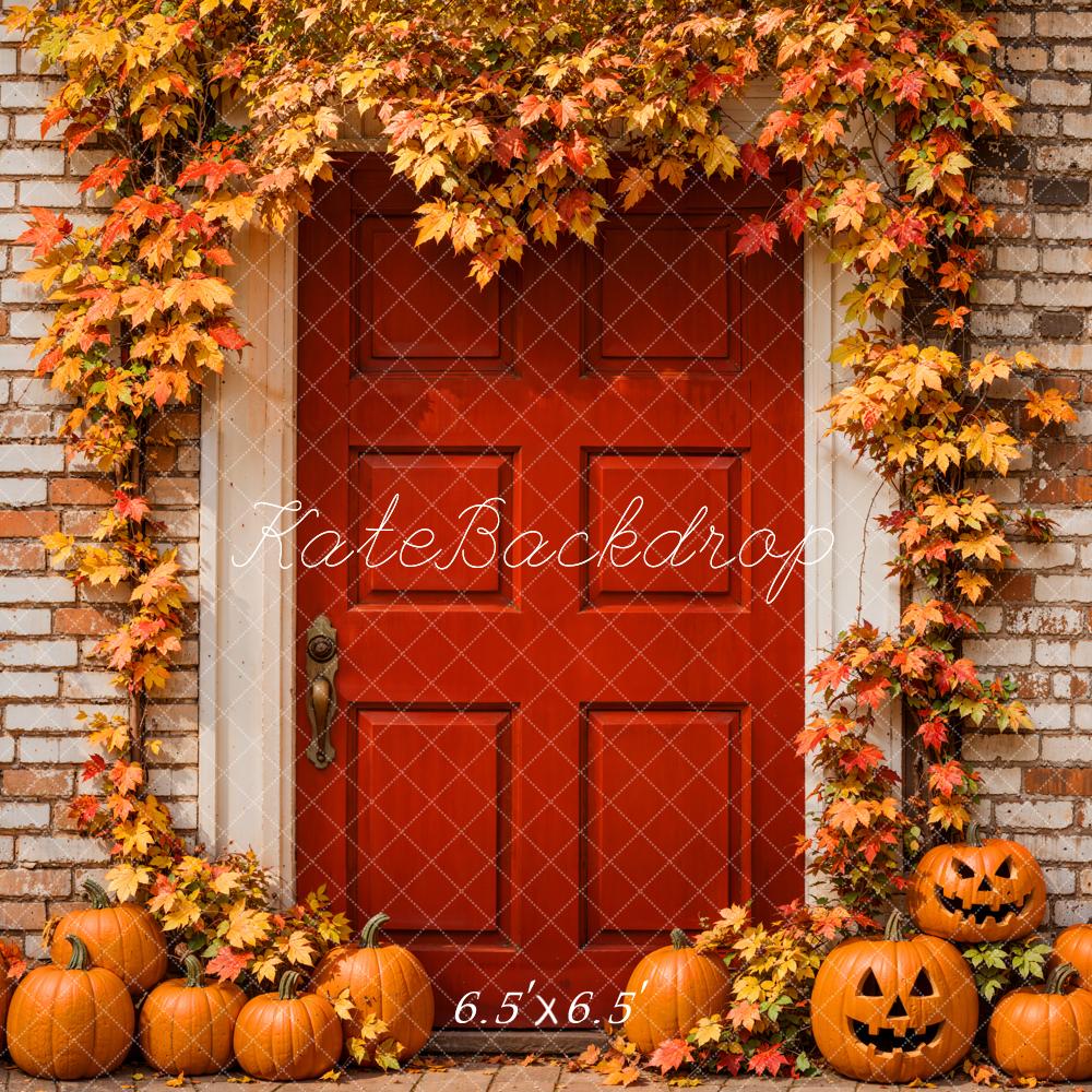 Kate Autumn Halloween Backdrop Maple Leaves Red Door Brick Wall Designed by Emetselch - Kate Backdrop AU
