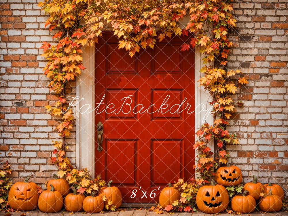 Kate Autumn Halloween Backdrop Maple Leaves Red Door Brick Wall Designed by Emetselch - Kate Backdrop AU