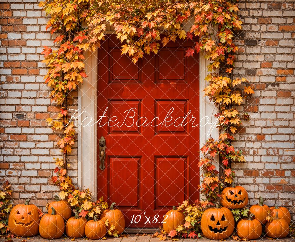 Kate Autumn Halloween Backdrop Maple Leaves Red Door Brick Wall Designed by Emetselch - Kate Backdrop AU