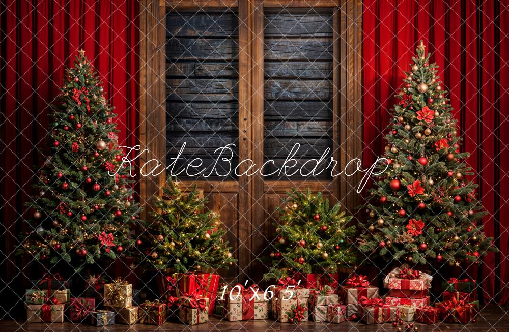 Kate Christmas Tree Red Curtain Gift Backdrop Designed by Emetselch - Kate Backdrop AU