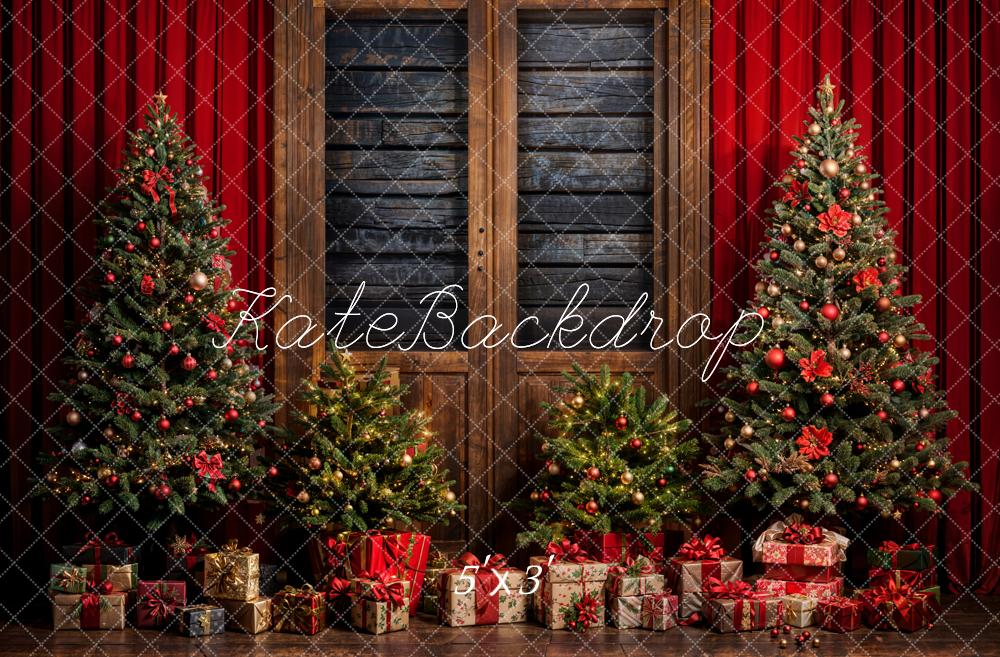 Kate Christmas Tree Red Curtain Gift Backdrop Designed by Emetselch - Kate Backdrop AU