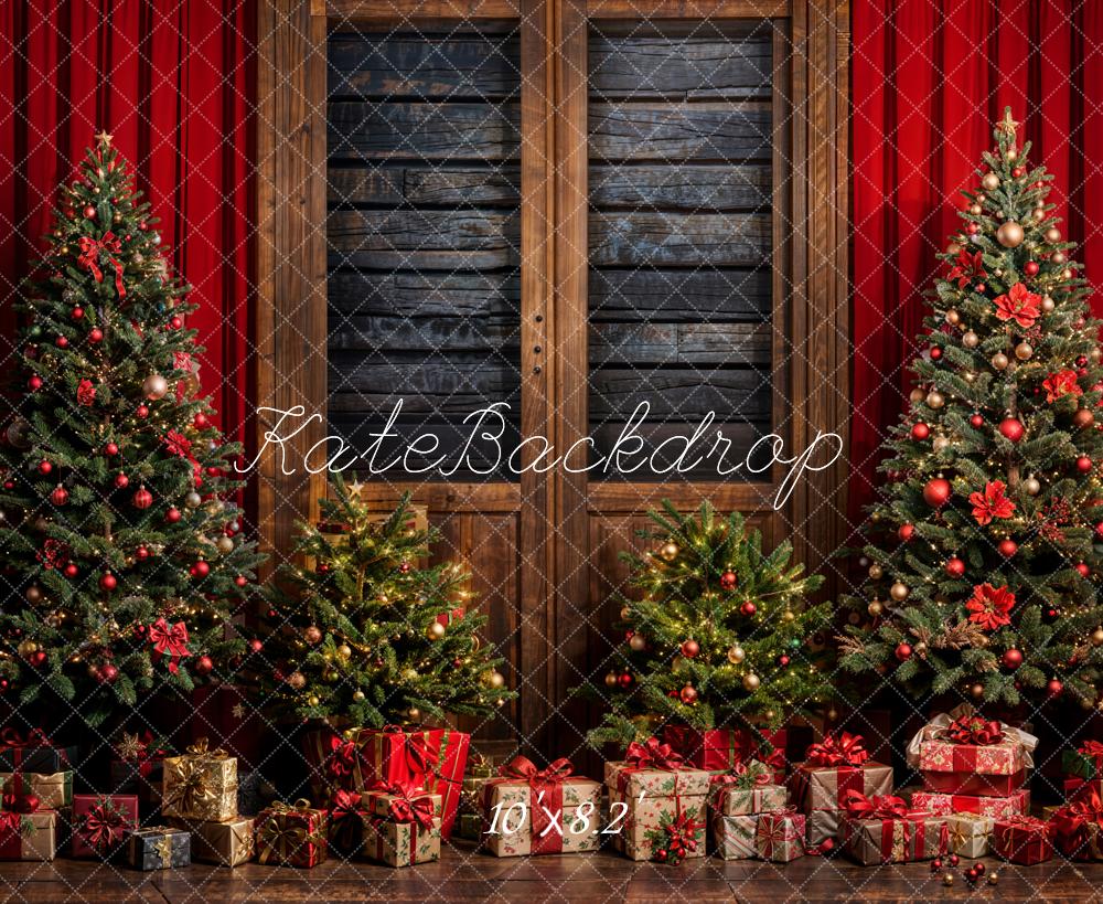 Kate Christmas Tree Red Curtain Gift Backdrop Designed by Emetselch - Kate Backdrop AU