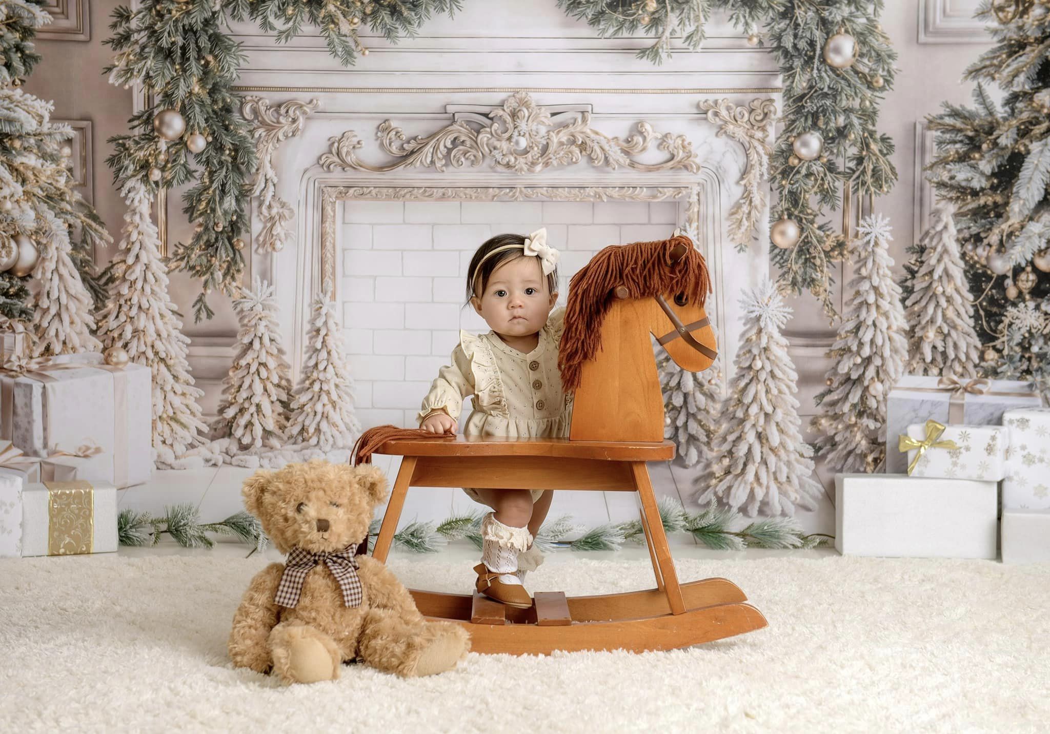 Kate Christmas White Vintage Brick Fireplace Backdrop Designed by Emetselch - Kate Backdrop AU