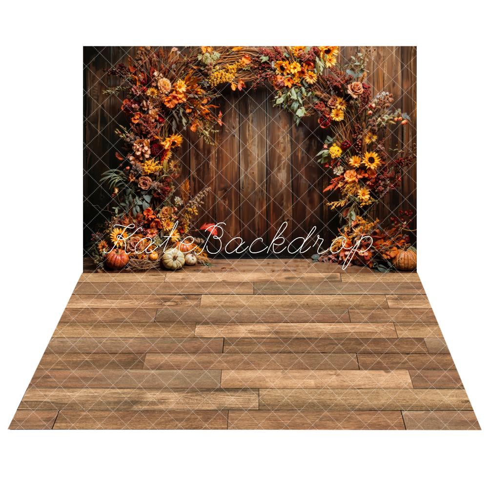 Kate Fall Pumpkin Arch Backdrop+ Brown Wooden Floor Backdrop - Kate Backdrop AU