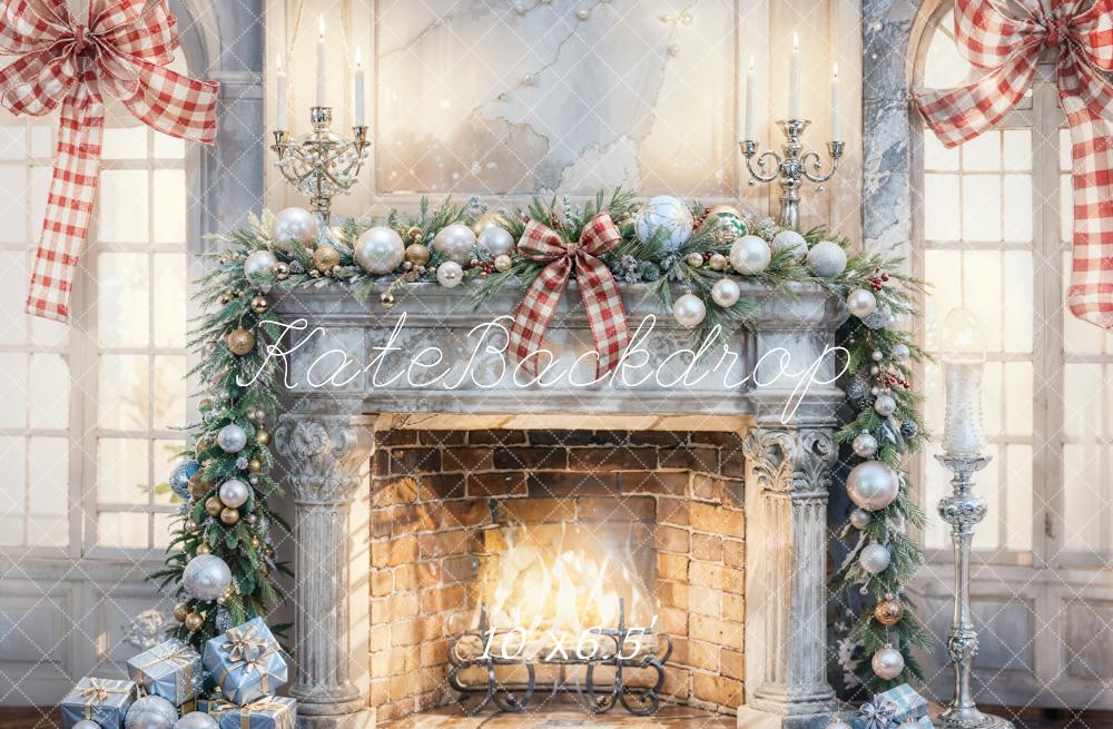 Kate Christmas Interior White Gray Broken Fireplace Backdrop Designed by Chain - Kate Backdrop AU