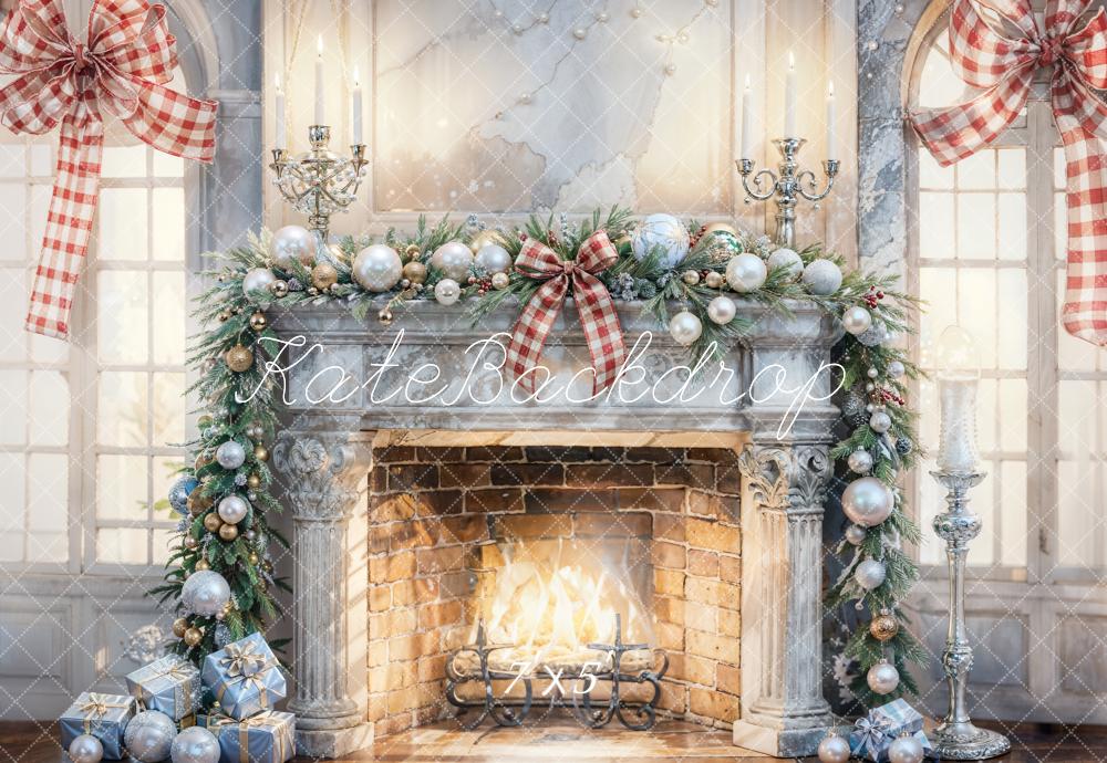 Kate Christmas Interior White Gray Broken Fireplace Backdrop Designed by Chain - Kate Backdrop AU