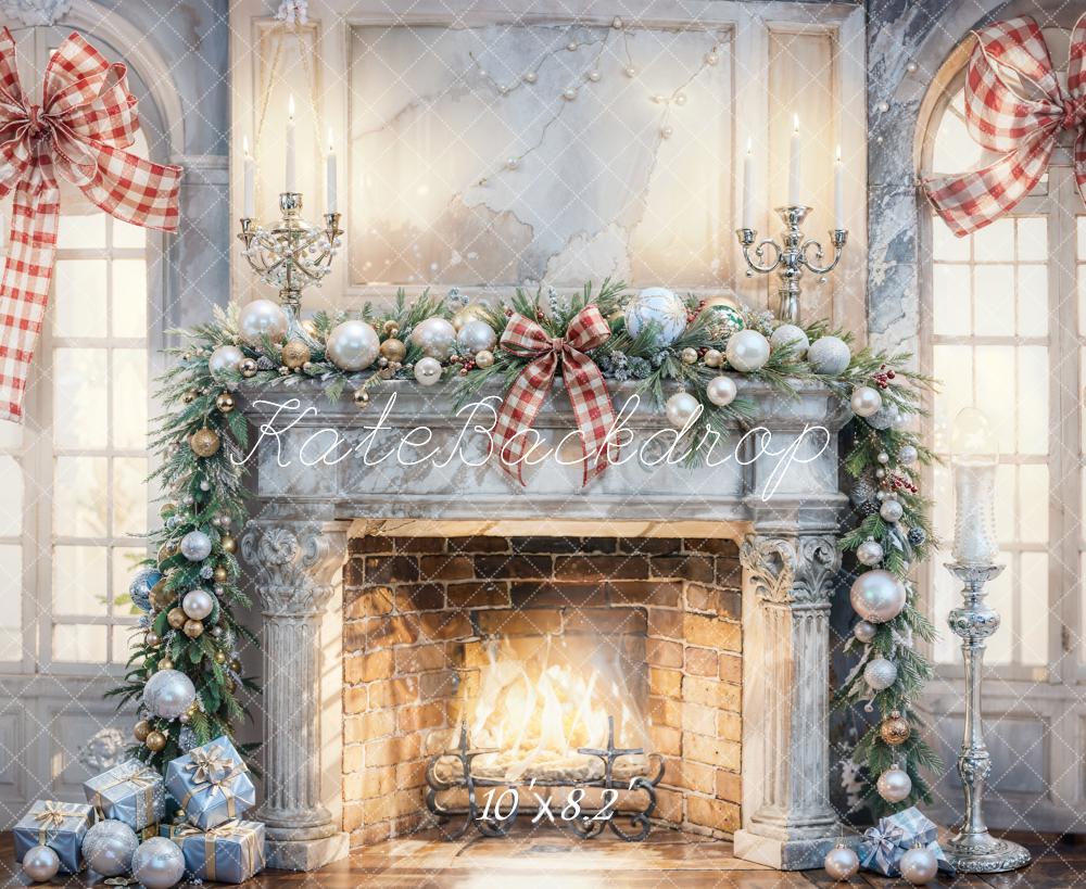 Kate Christmas Interior White Gray Broken Fireplace Backdrop Designed by Chain - Kate Backdrop AU