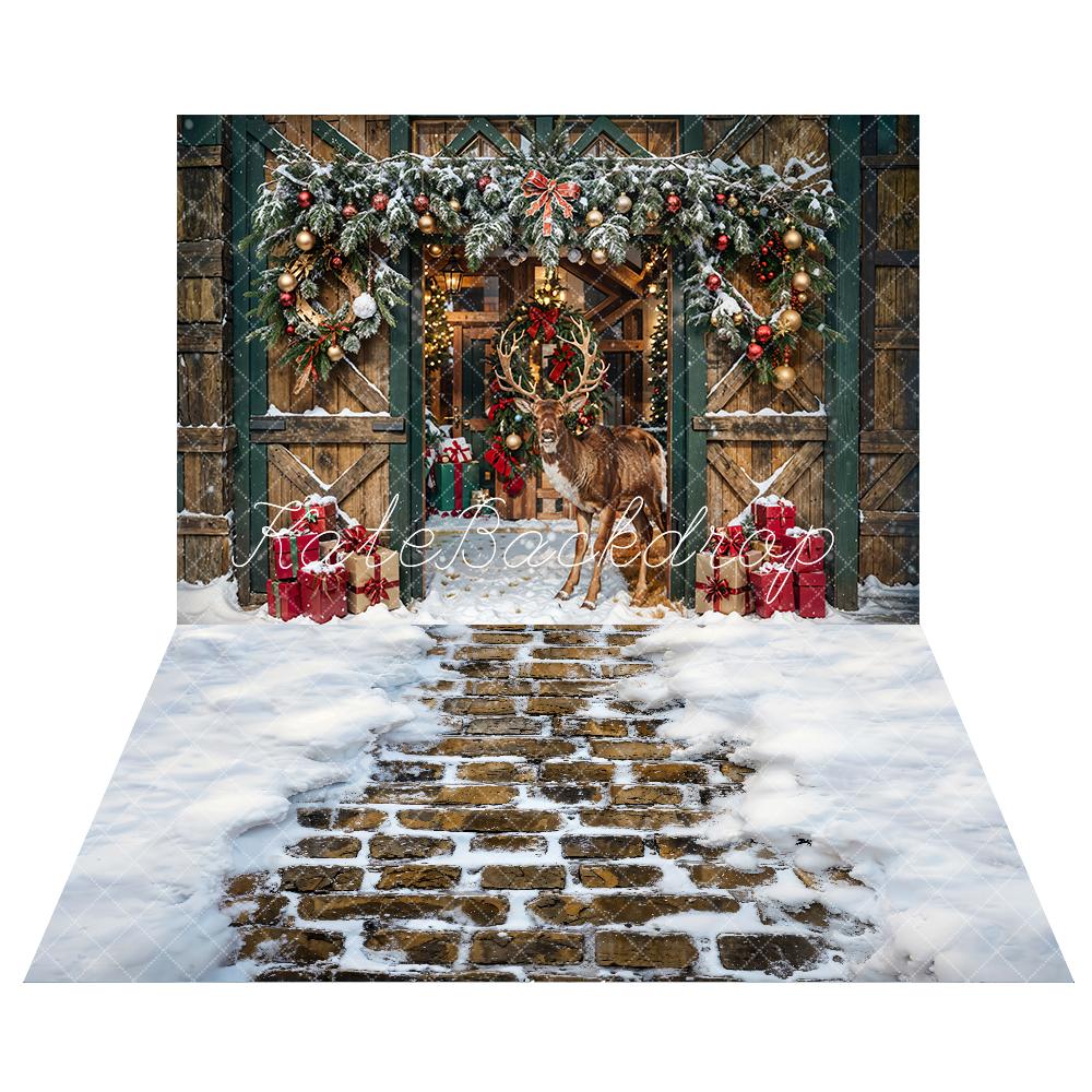 Kate Christmas Elk Wooden Barn Backdrop+ Winter Snow Brick Road Floor Backdrop - Kate Backdrop AU