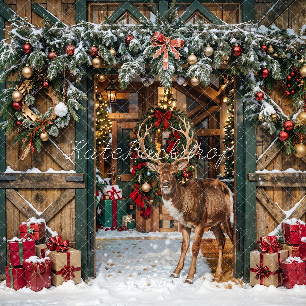 Kate Christmas Elk Wooden Barn Backdrop Designed by Emetselch - Kate Backdrop AU