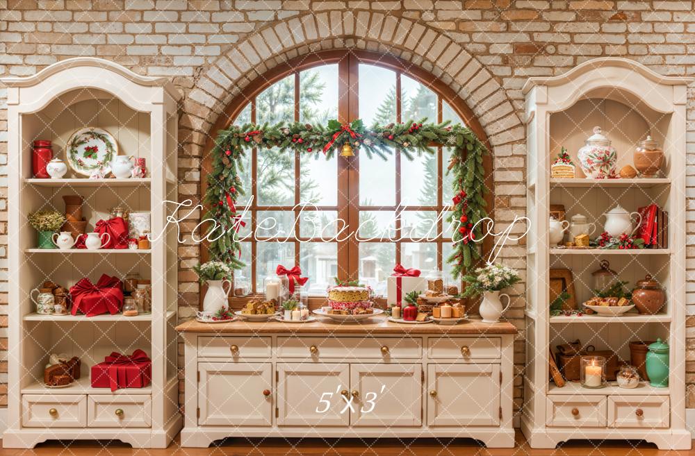 Kate Christmas Cream Vintage Brick Kitchen Backdrop Designed by Emetselch - Kate Backdrop AU