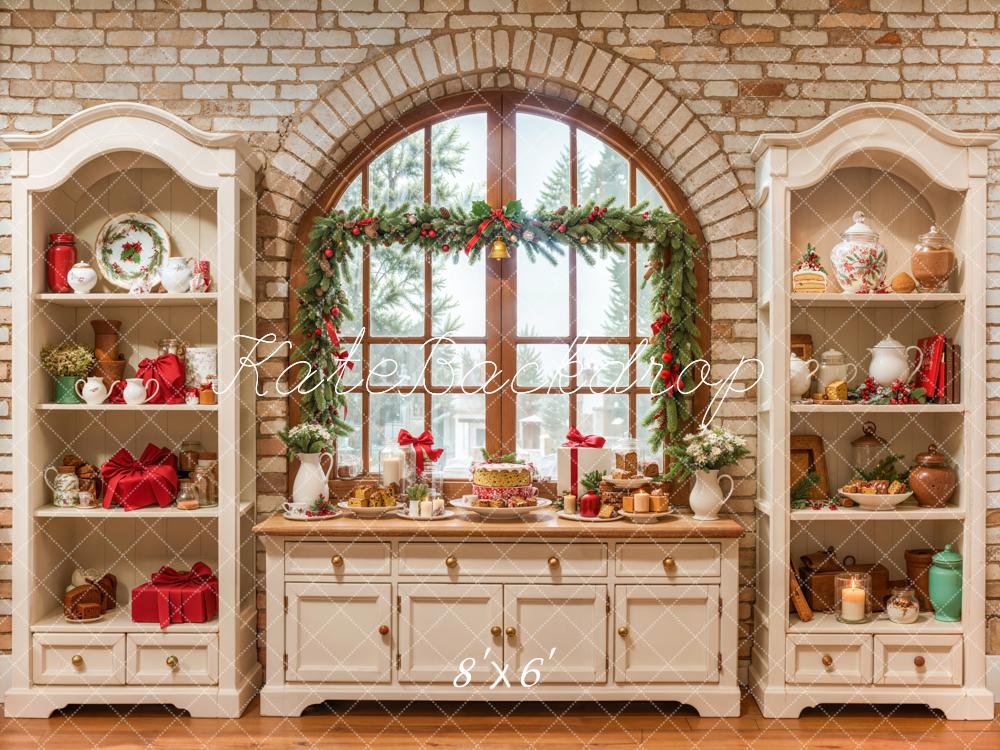 Kate Christmas Cream Vintage Brick Kitchen Backdrop Designed by Emetselch - Kate Backdrop AU