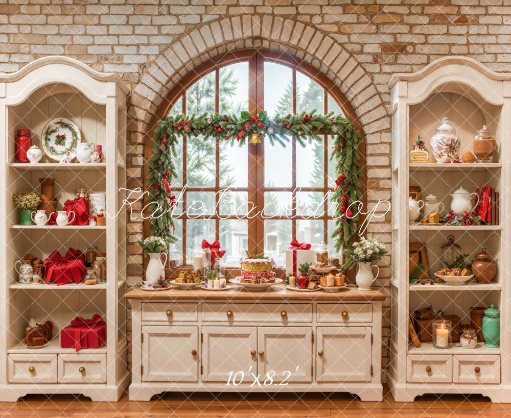Kate Christmas Cream Vintage Brick Kitchen Backdrop Designed by Emetselch - Kate Backdrop AU