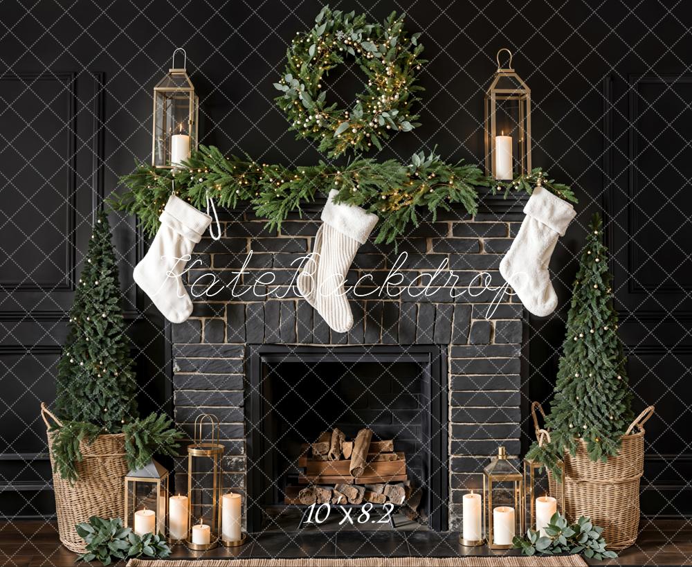 Kate Black Christmas Fireplace Backdrop Sock Designed by Emetselch - Kate Backdrop AU