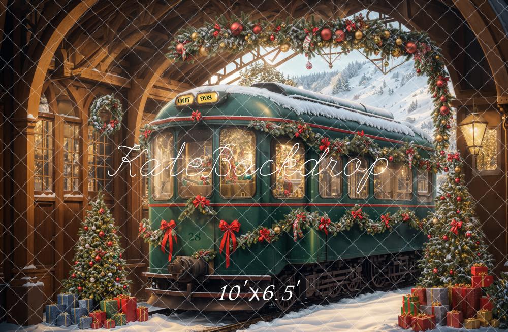 Kate Christmas Tree Snow Green Train Backdrop Designed by Emetselch - Kate Backdrop AU