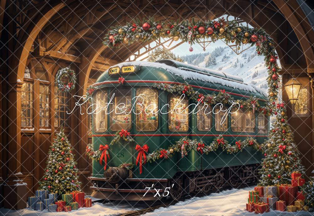 Kate Christmas Tree Snow Green Train Backdrop Designed by Emetselch - Kate Backdrop AU
