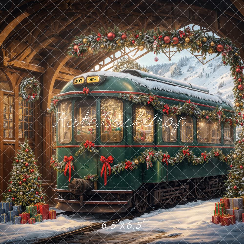 Kate Christmas Tree Snow Green Train Backdrop Designed by Emetselch - Kate Backdrop AU