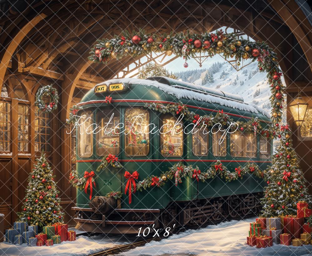 Kate Christmas Tree Snow Green Train Backdrop Designed by Emetselch - Kate Backdrop AU