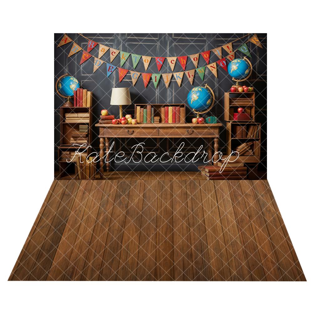 Kate Back to School Globe Books Backdrop+Brown Wooden Floor Backdrop - Kate Backdrop AU