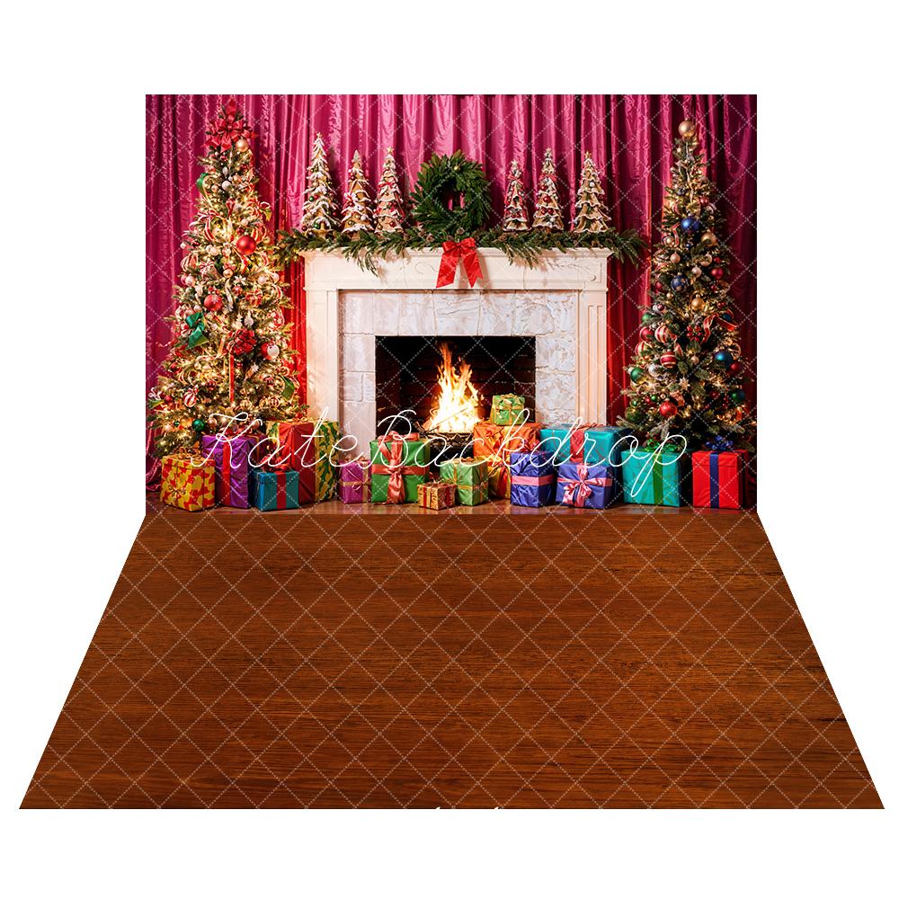 Kate Christmas Pink Curtains Fireplace Gift Backdrop+Wooden Floor Backdrop - Kate Backdrop AU