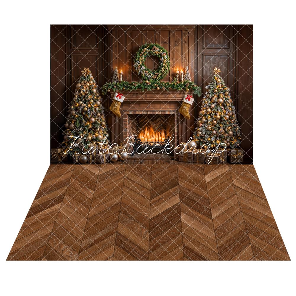 Kate Christmas Brown Fireplace Vintage Wall Backdrop+Brown Herringbone Wooden Floor Backdrop - Kate Backdrop AU
