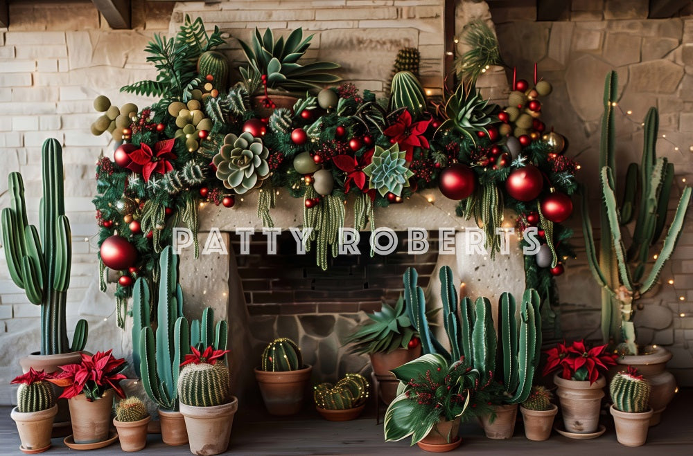 Kate Christmas Backdrop Wild West Green Cactus Brick Fireplace Designed by Patty Robert - Kate Backdrop AU