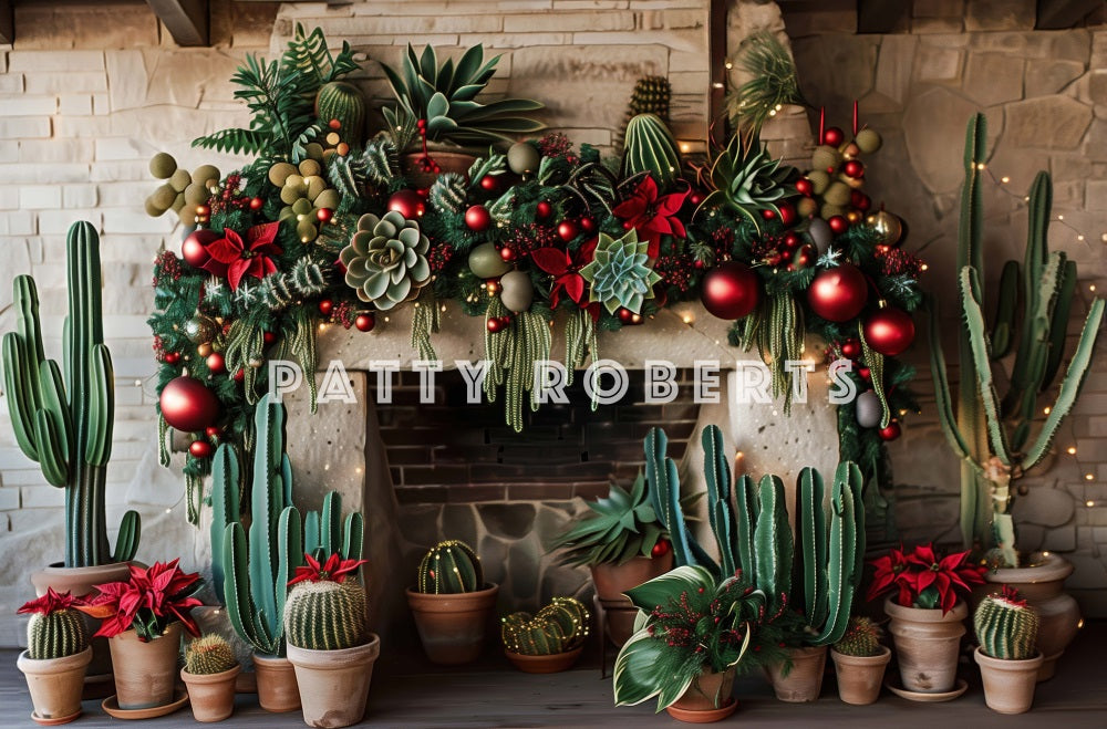 Kate Christmas Backdrop Wild West Green Cactus Brick Fireplace Designed by Patty Robert - Kate Backdrop AU