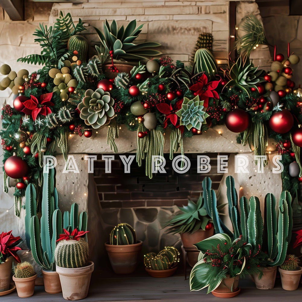 Kate Christmas Backdrop Wild West Green Cactus Brick Fireplace Designed by Patty Robert - Kate Backdrop AU