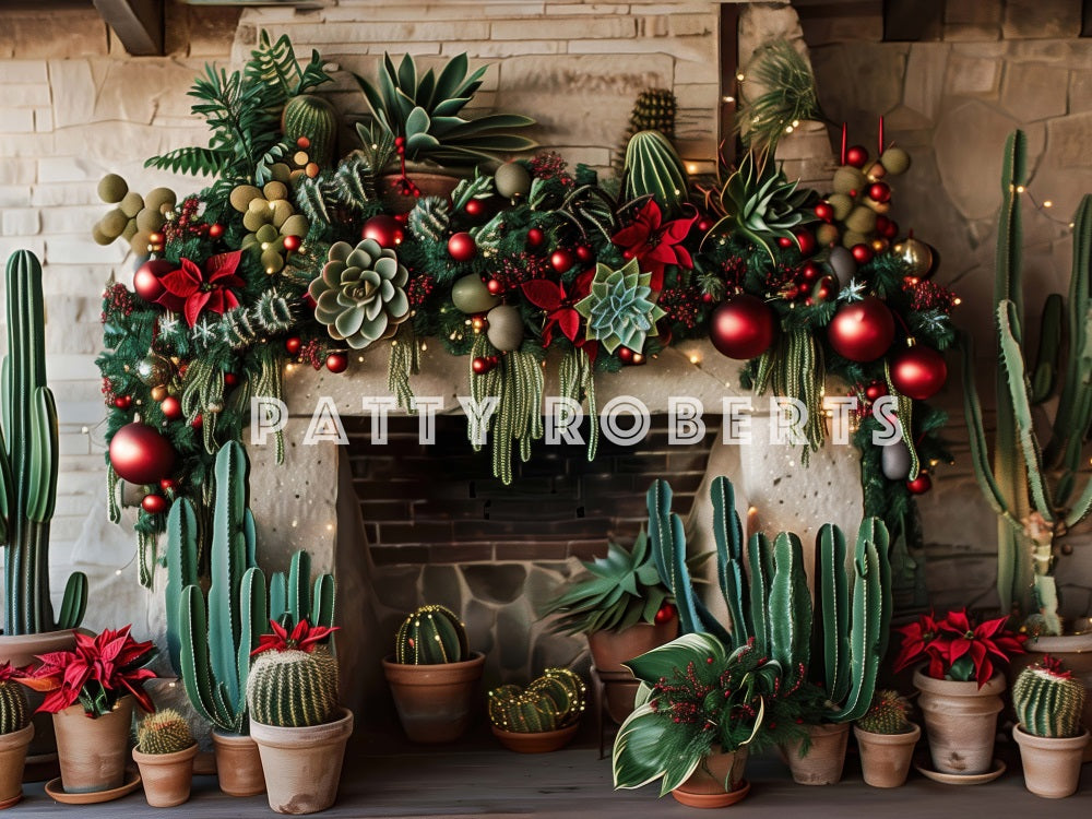 Kate Christmas Backdrop Wild West Green Cactus Brick Fireplace Designed by Patty Robert - Kate Backdrop AU