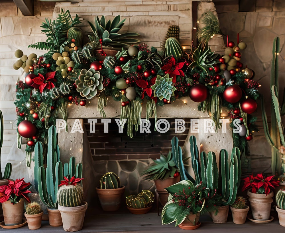 Kate Christmas Backdrop Wild West Green Cactus Brick Fireplace Designed by Patty Robert - Kate Backdrop AU