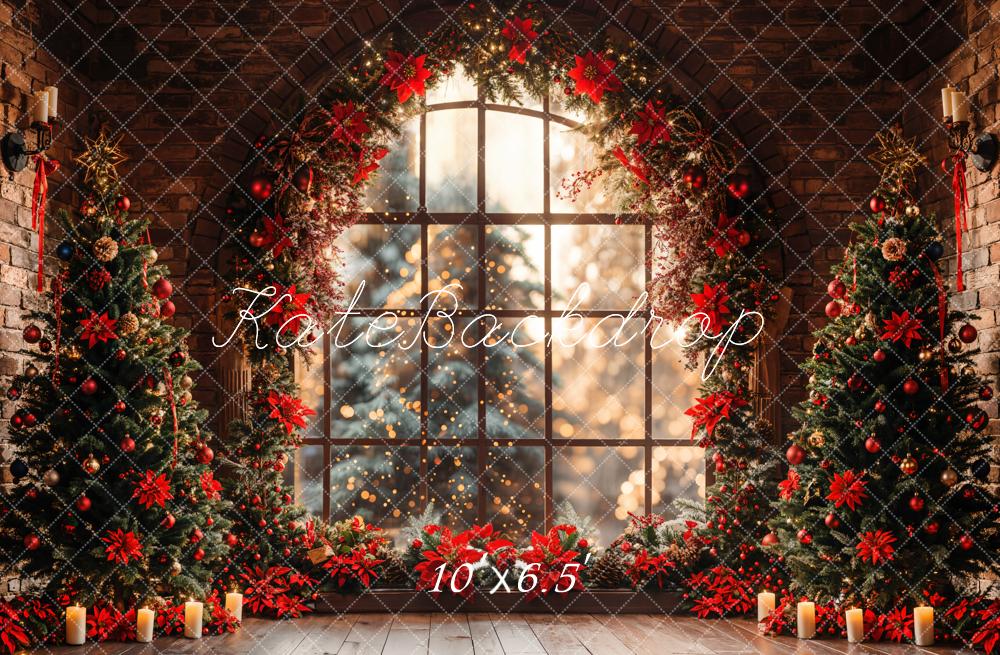 Kate Indoor Christmas Tree Arched Window Brick Wall Backdrop Designed by Emetselch - Kate Backdrop AU