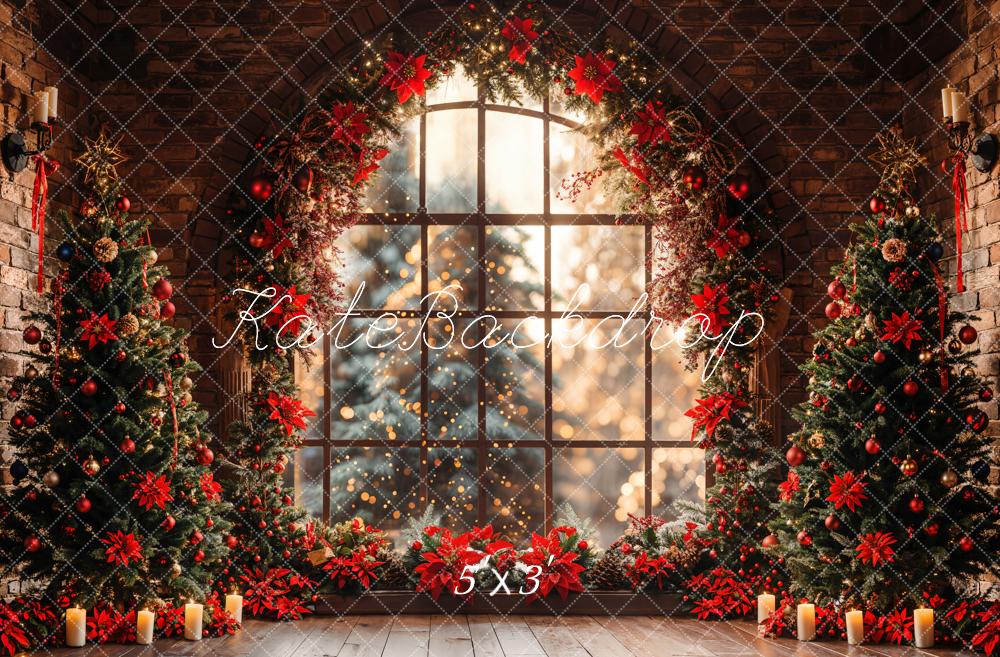 Kate Indoor Christmas Tree Arched Window Brick Wall Backdrop Designed by Emetselch - Kate Backdrop AU
