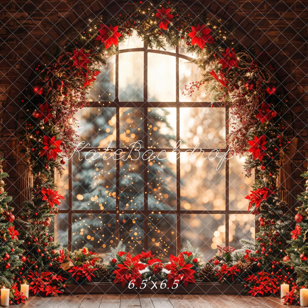 Kate Indoor Christmas Tree Arched Window Brick Wall Backdrop Designed by Emetselch - Kate Backdrop AU