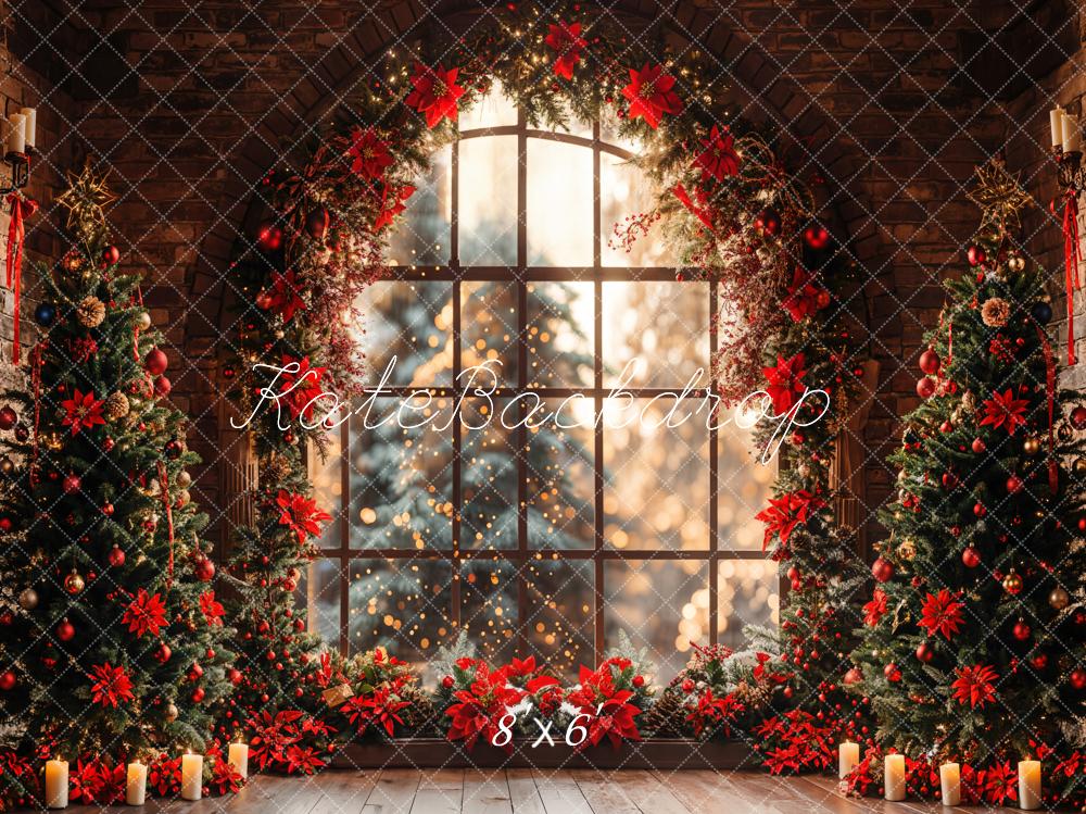 Kate Indoor Christmas Tree Arched Window Brick Wall Backdrop Designed by Emetselch - Kate Backdrop AU