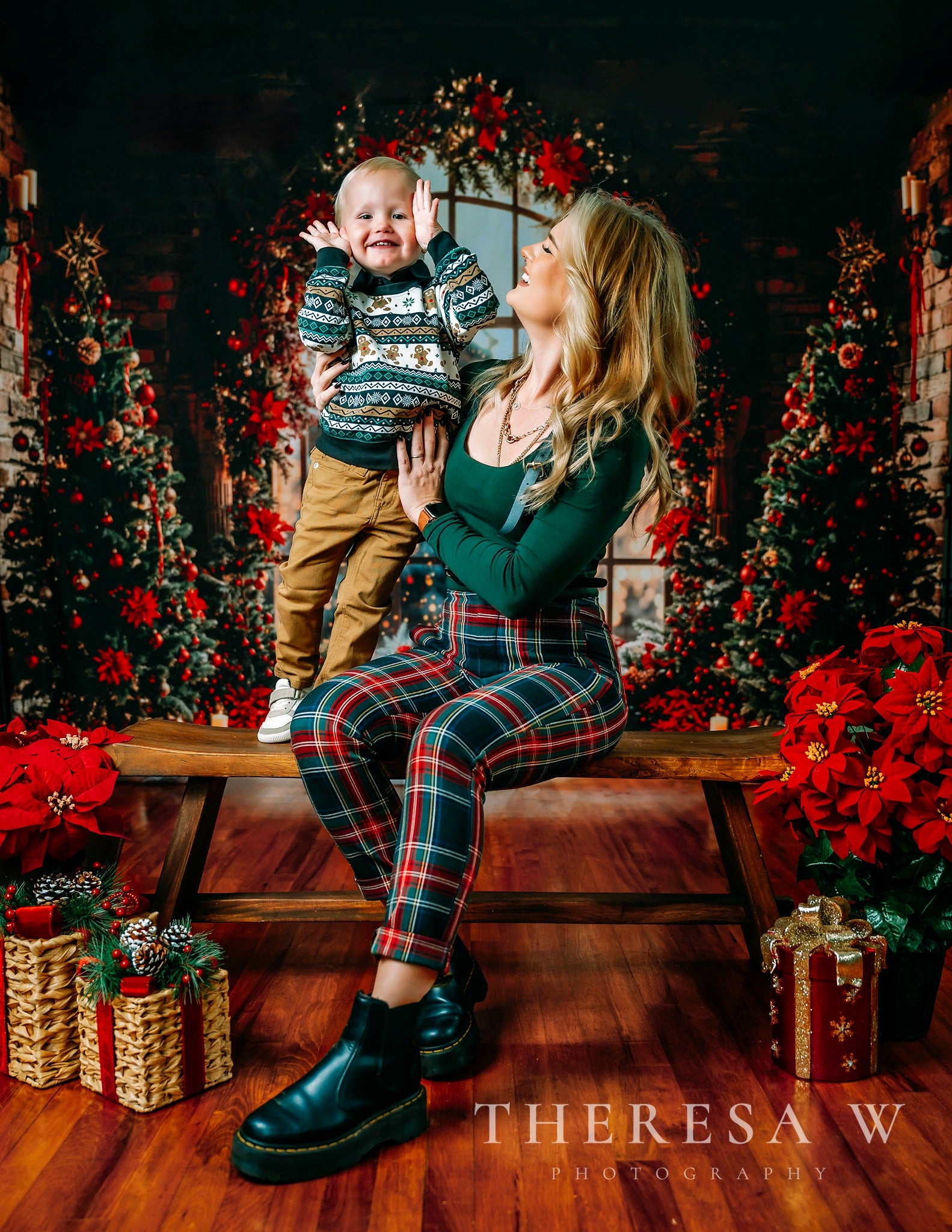 Kate Indoor Christmas Tree Arched Window Brick Wall Backdrop Designed by Emetselch - Kate Backdrop AU