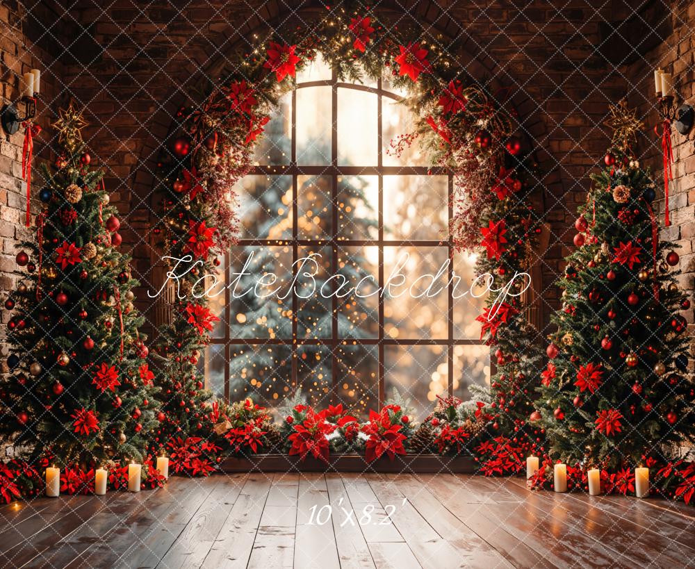 Kate Indoor Christmas Tree Arched Window Brick Wall Backdrop Designed by Emetselch - Kate Backdrop AU