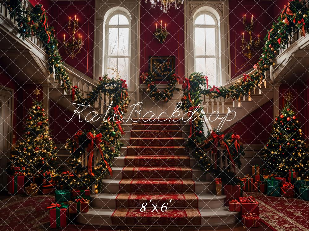 Kate Christmas Tree Red Retro Grand Staircase Backdrop Designed by Emetselch - Kate Backdrop AU