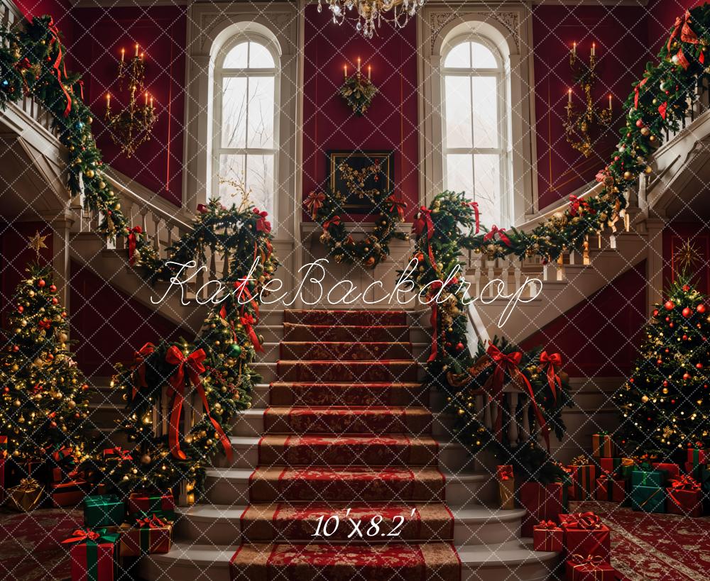 Kate Christmas Tree Red Retro Grand Staircase Backdrop Designed by Emetselch - Kate Backdrop AU