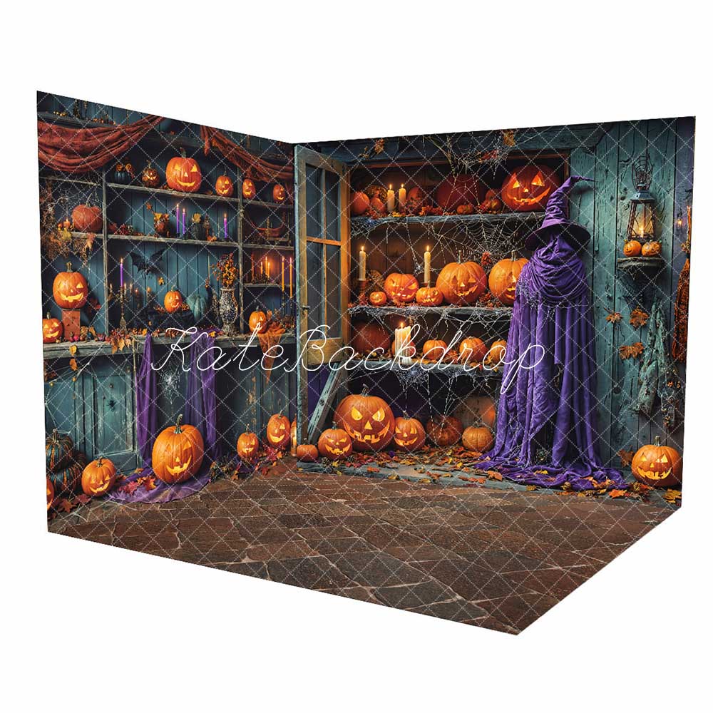 Kate Halloween Green Shabby Wooden Pumpkin Room Set(8ftx8ft&10ftx8ft&8ftx10ft) - Kate Backdrop AU