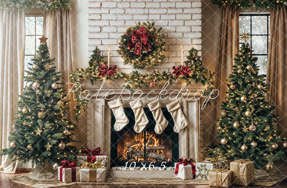 Kate White Brick Wall Christmas Tree Fireplace Backdrop Designed by Emetselch - Kate Backdrop AU
