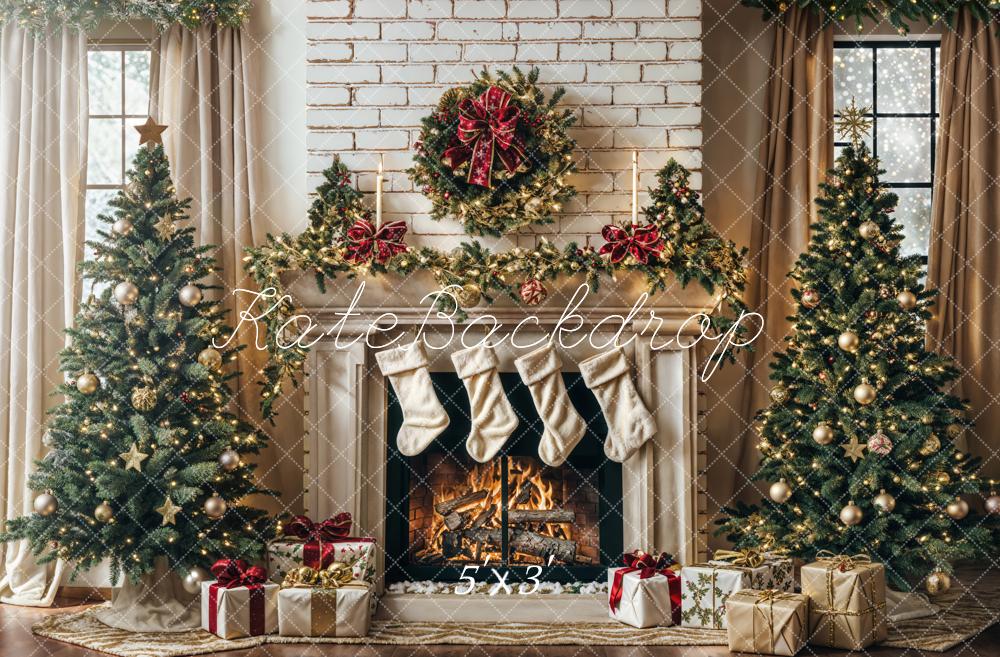 Kate White Brick Wall Christmas Tree Fireplace Backdrop Designed by Emetselch - Kate Backdrop AU